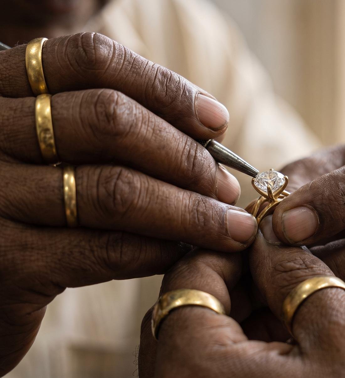 A karigar's hands setting a laboratory-grown diamond into a yellow gold ring